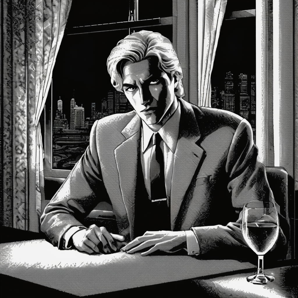 02925-3407194277-_lora_Macpaint-XL-000015_1_, Macpaint, black and white pixel image of a blonde haired man in a suit sitting at a table in a rest.png